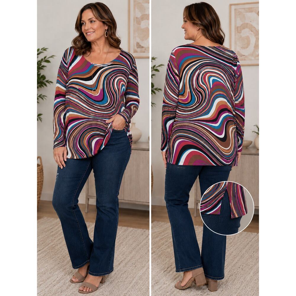 Women’s 1X Abstract Swirl Tunic Top Side Slits Stretch Long Sleeve Boho Artsy
